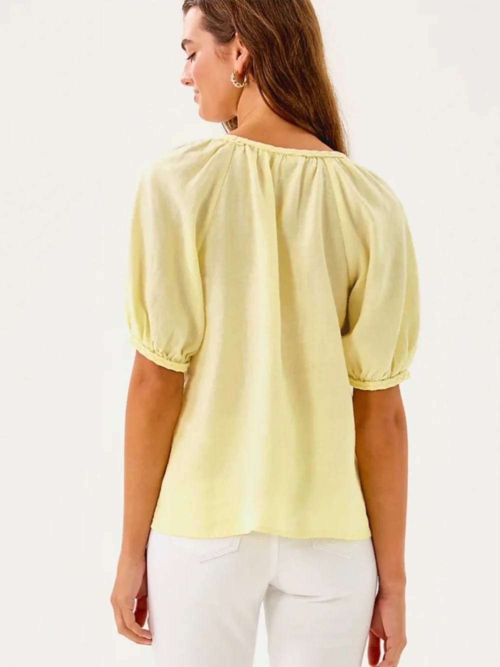 Lilly Pulitzer Pale Yellow Linen Puff-Sleeve Scoop Neck Top